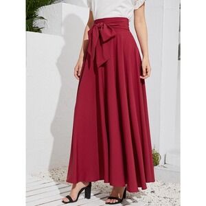 High Waist Zip Back Knotted Swing maxi Skirt burgundy red maroon